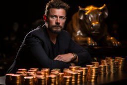um homem sentado à mesa com pilhas de moedas