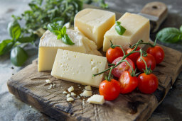 Assorted Cheese and Tomatoes on Wooden Board