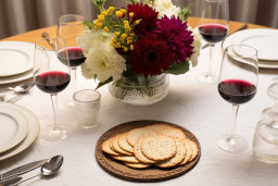 a table with wine glasses and a vase of flowers and crackers