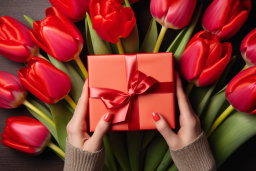 Hands Holding Gift with Red Tulips