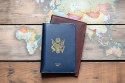 um par de capas de passaporte em um mapa