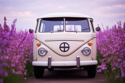 Une camionnette blanche dans un champ de fleurs violettes