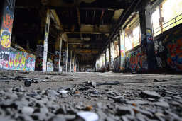 Abandoned Industrial Hall with Graffiti