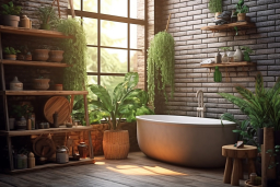um banheiro com uma banheira e plantas