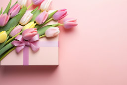 Tulips and Gift Box on Pink Background