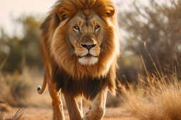 un lion marchant sur un chemin de terre