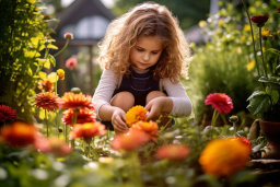 a girl picking flowers in a garden