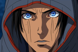 a cartoon of a man with blue eyes