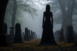 Une femme dans une longue robe noire debout dans un cimetière