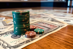 Une pile de puces de poker sur un papier-monnaie