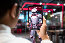 une personne tenant un téléphone portable avec un robot à l'écran
