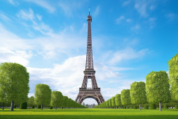 Une grande tour avec des arbres en arrière-plan avec une tour Eiffel en arrière-plan