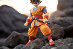Une figurine jouet d'un personnage de dessin animé debout sur des rochers