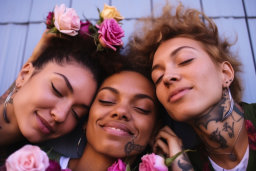 un groupe de femmes avec des fleurs autour de leur tête
