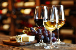 a group of wine glasses with grapes and cheese