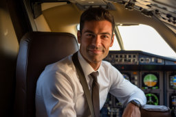 Un homme dans une chemise blanche et une cravate assise dans un cockpit d'un avion