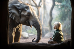 a child looking at an elephant