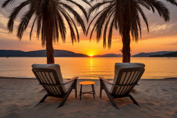 duas cadeiras em uma praia com uma mesa e palmeiras