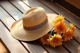 a hat and flowers on a bench