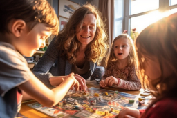 a woman and kids playing a board game