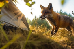 a fox standing in grass next to a tent