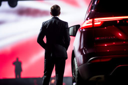 a man in a suit looking at a car