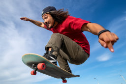 Ein Mann, der auf ein Skateboard springt