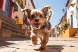 um cachorro correndo em uma calçada