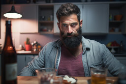 Un homme avec une barbe assis à une table avec de la nourriture