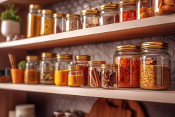 a shelf with jars of spices and spices