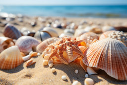 um grupo de conchas em uma praia