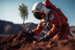 une personne en costume d'astronaute qui plantait un arbre
