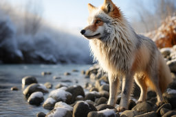 a fox standing on rocks near water