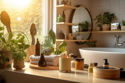 Egy fürdőszoba növényekkel és tükörrel