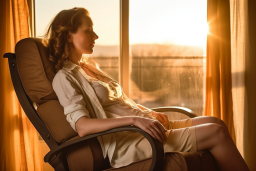 Uma mulher sentada em uma cadeira olhando pela janela