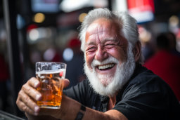 Un uomo con la barba e i baffi che tiene un bicchiere di birra
