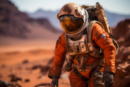 une personne dans un costume d'espace orange marchant dans le désert