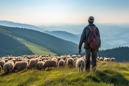 Un homme debout dans un champ avec des moutons