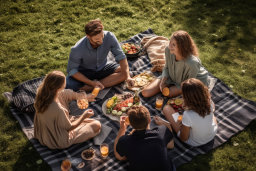 Eine Gruppe von Menschen, die auf einer Decke sitzen und Essen isst