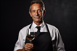 Un hombre que lleva un delantal negro con una copa de vino