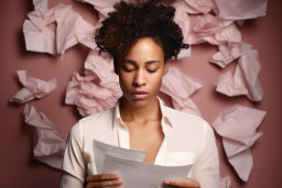 a woman holding papers in front of pink paper