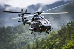 un hélicoptère survolant une forêt