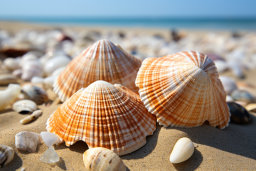 um grupo de conchas na areia
