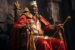 Un homme dans un vêtement en or et rouge assis sur un trône