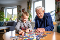 an old man and a boy playing a puzzle