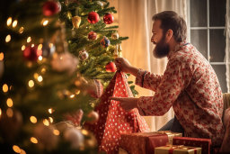 Un hombre que sostiene una bolsa con regalos al lado de un árbol de Navidad