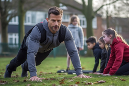 a man doing push ups on grass with kids in background