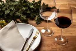 Ein Teller mit Gabel und Messer neben einem Glas Wein