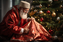Un hombre con una túnica roja y un sombrero con una bolsa de regalos al lado de un árbol de Navidad