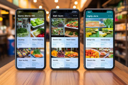 Eine Gruppe von Smartphones mit Bildern von Lebensmitteln auf dem Bildschirm